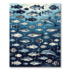 Whimsical Deep Blue Ocean Schooling Fish Rug