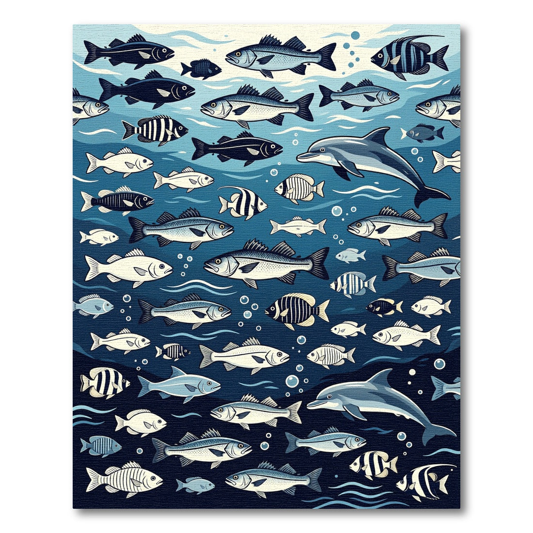 Whimsical Deep Blue Ocean Schooling Fish Rug