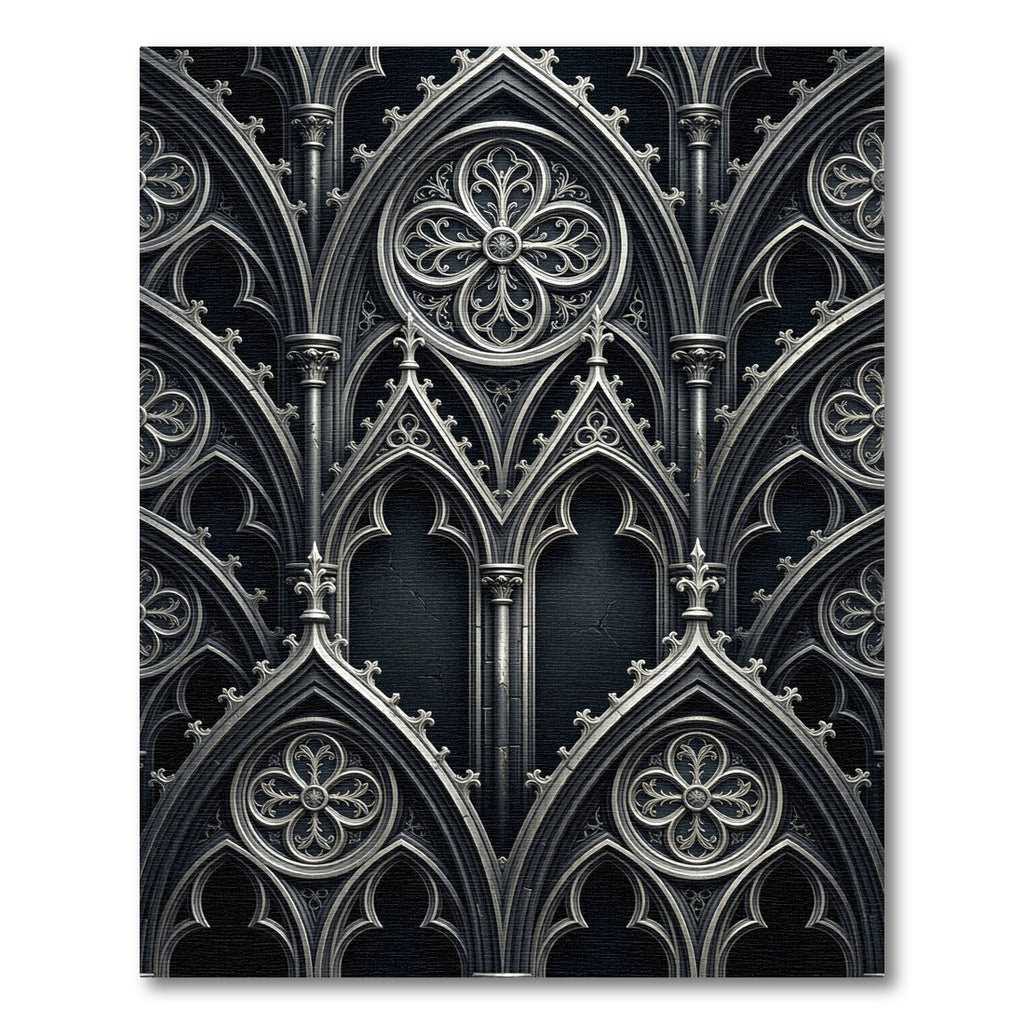 Gothic Silver Quatrefoil Arch Monochrome Art Rug