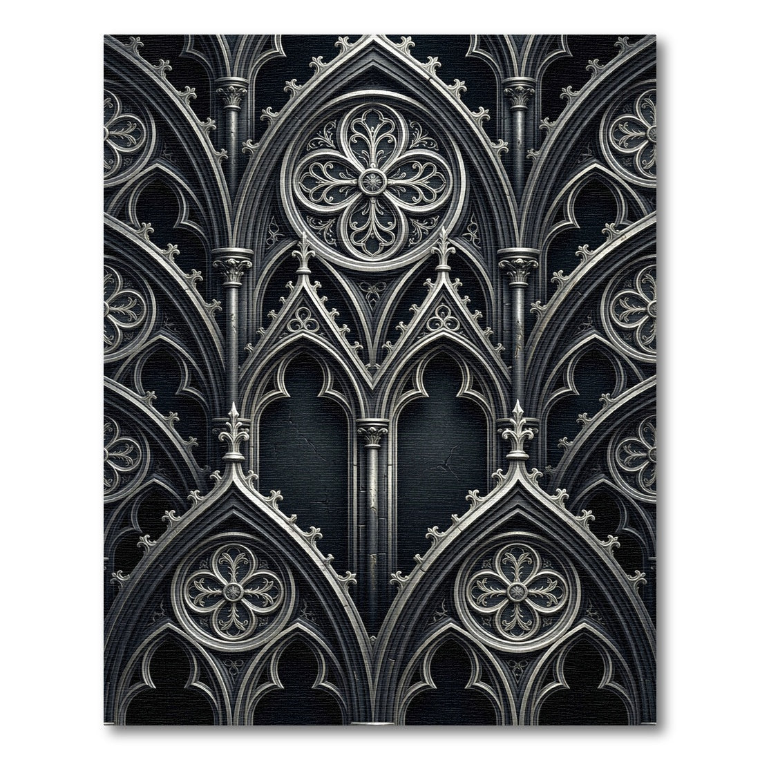Gothic Silver Quatrefoil Arch Monochrome Art Rug