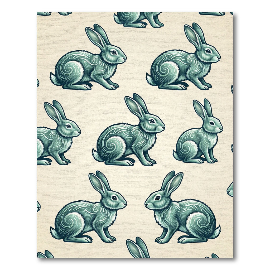 Sage Green Engraved Rabbit Folk Art Rug
