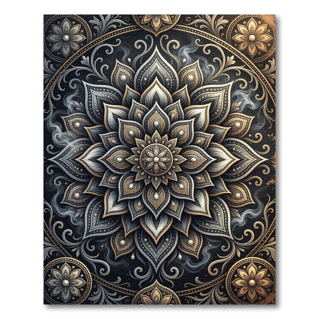 Elegant Gold and Charcoal Floral Mandala Rug