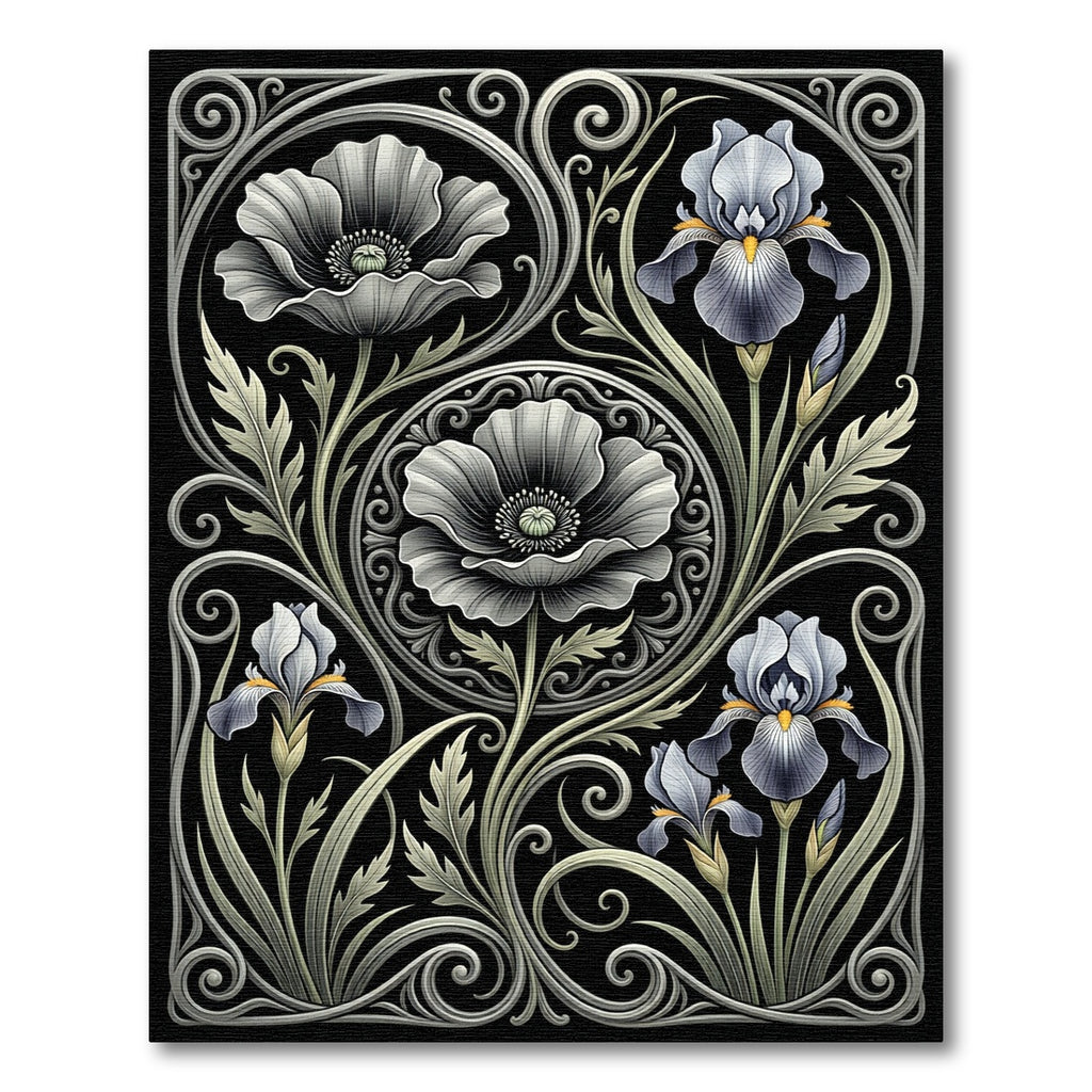 Elegant Monochromatic Iris Poppy Scrollwork Rug