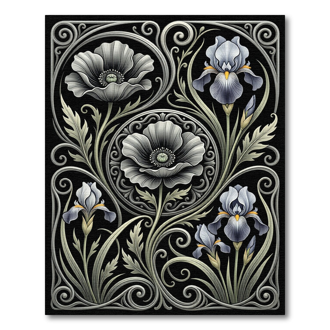 Elegant Monochromatic Iris Poppy Scrollwork Rug