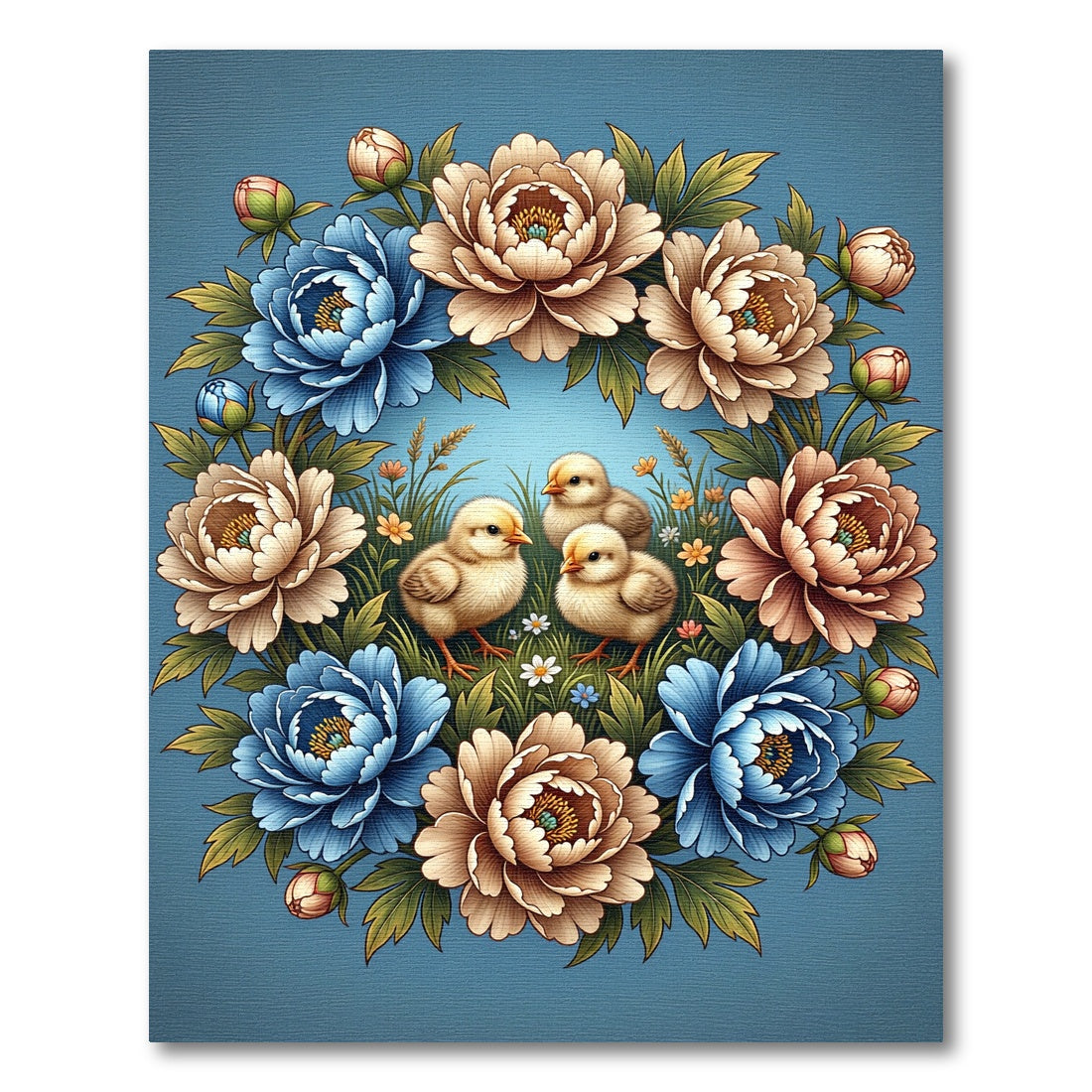 Charming Chicks among Peonies Floral Wreath Rug