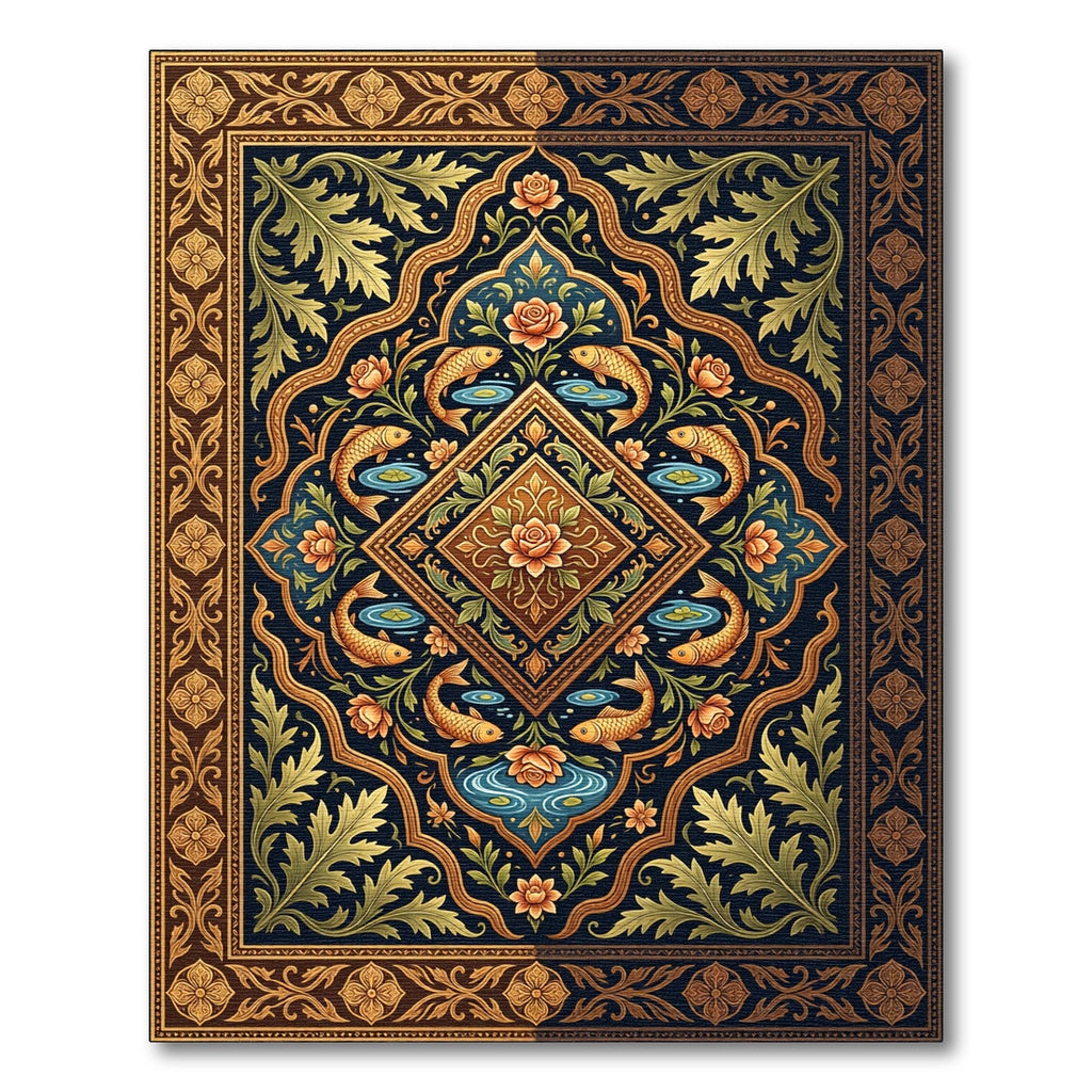 Deep Blue Golden Fish Floral Medallion Rug