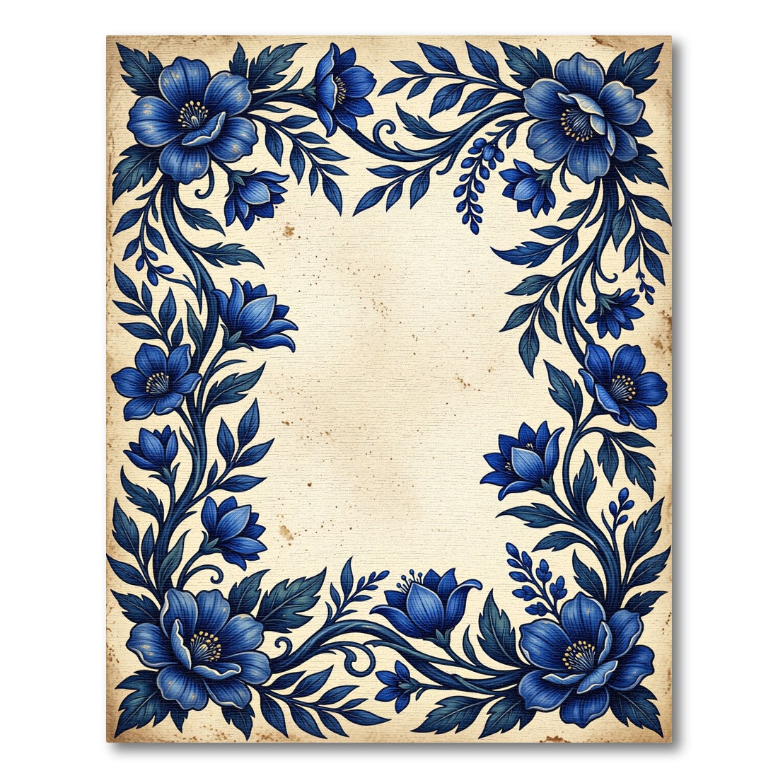 Elegant Deep Blue Floral Botanical Border Rug