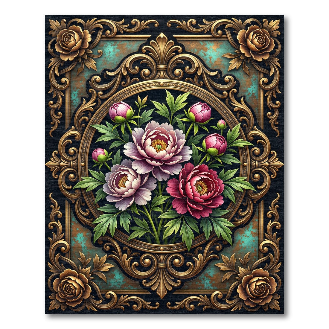 Ornate Floral Peony Gold Medallion Rug