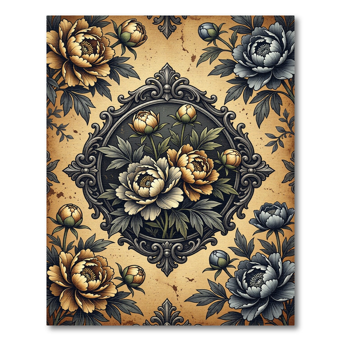 Vintage Gold Gray Floral Scrollwork Rug