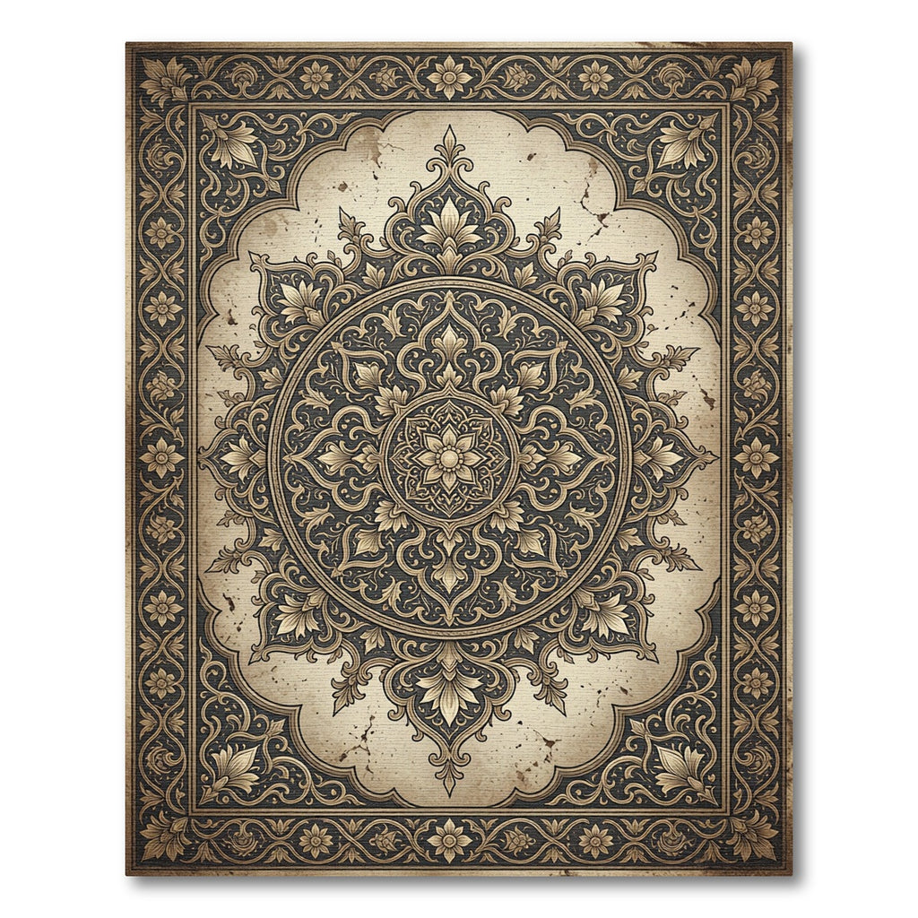 Ornate Antiqued Gold Floral Medallion Rug