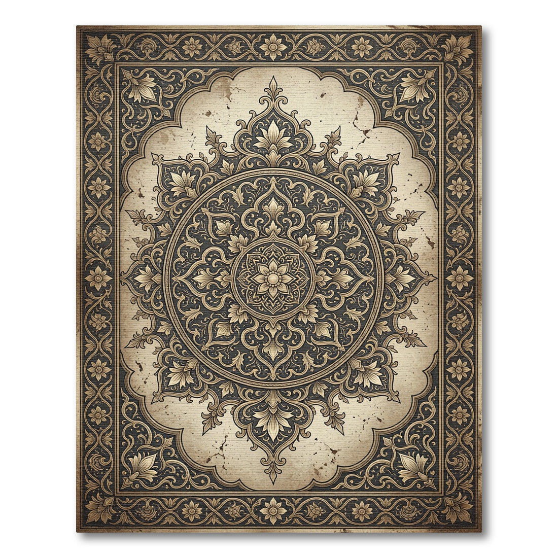 Ornate Antiqued Gold Floral Medallion Rug