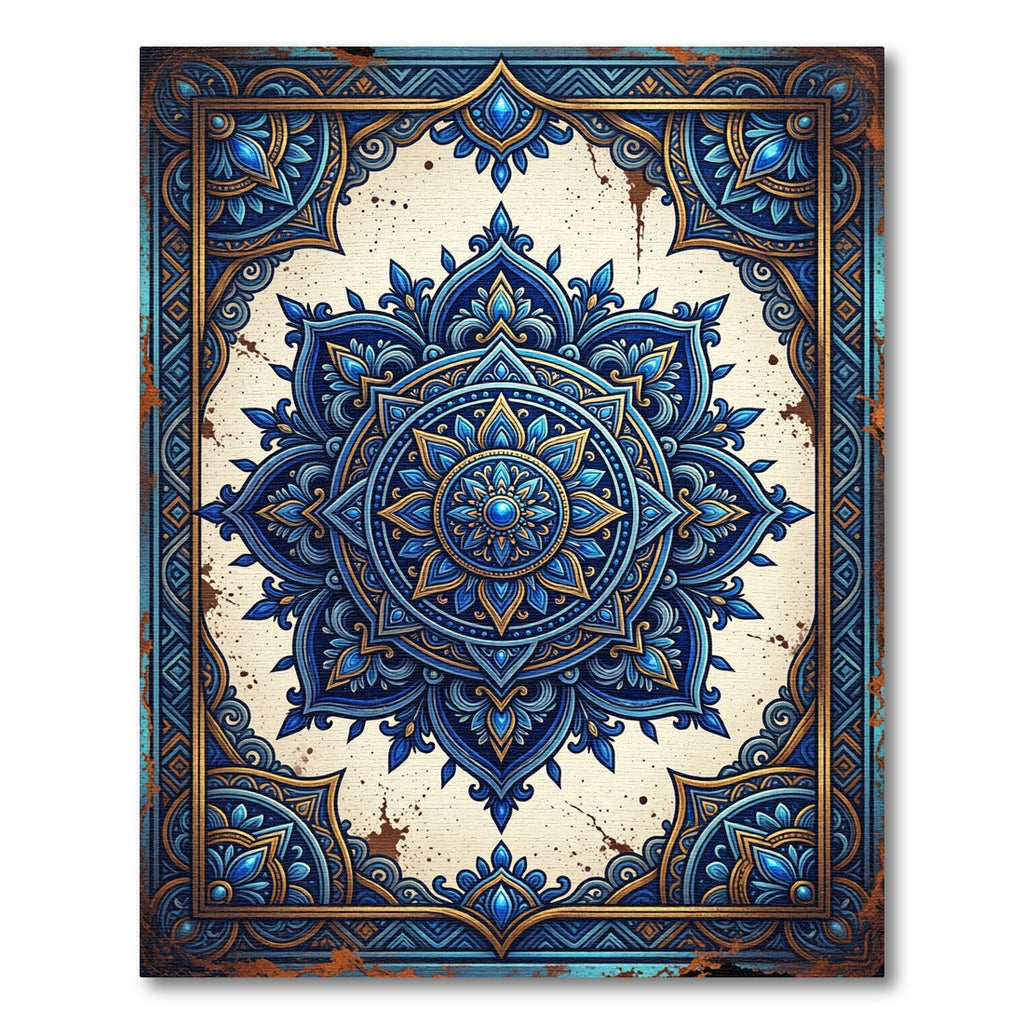 Ornate Royal Blue Gold Sacred Mandala Rug
