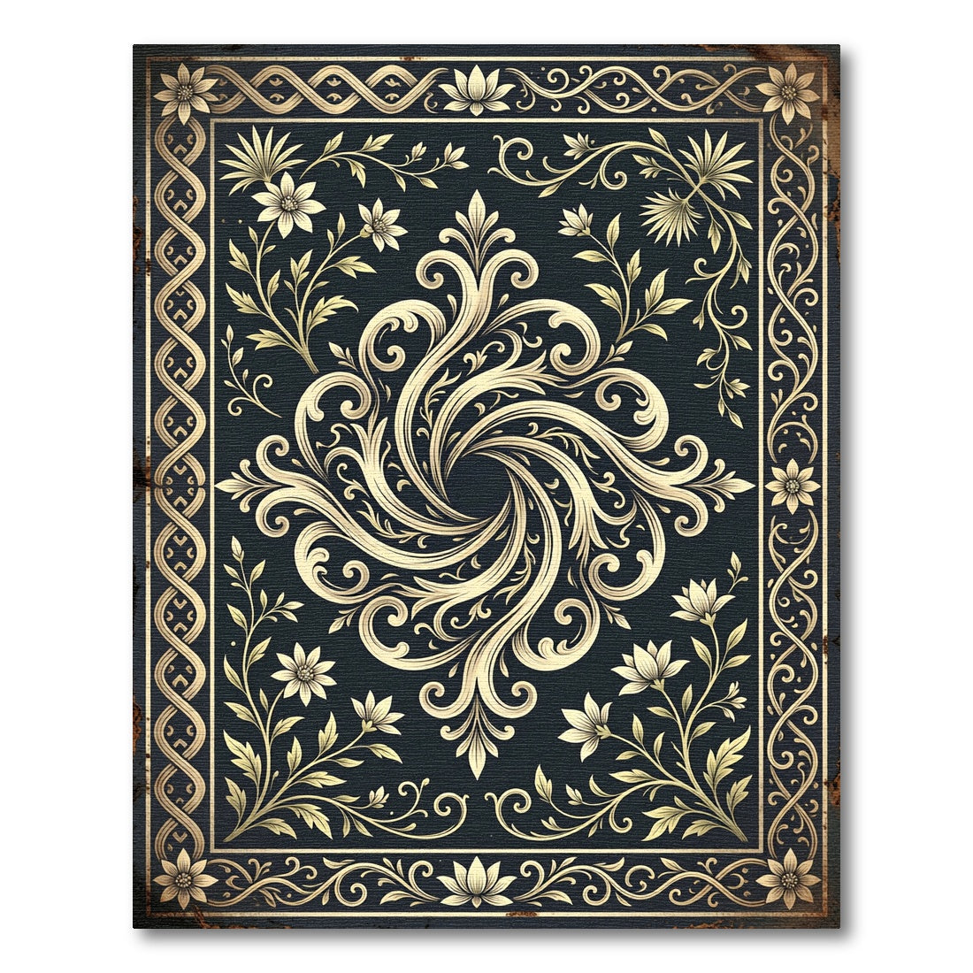 Elegant Navy Floral Swirl Medallion Rug