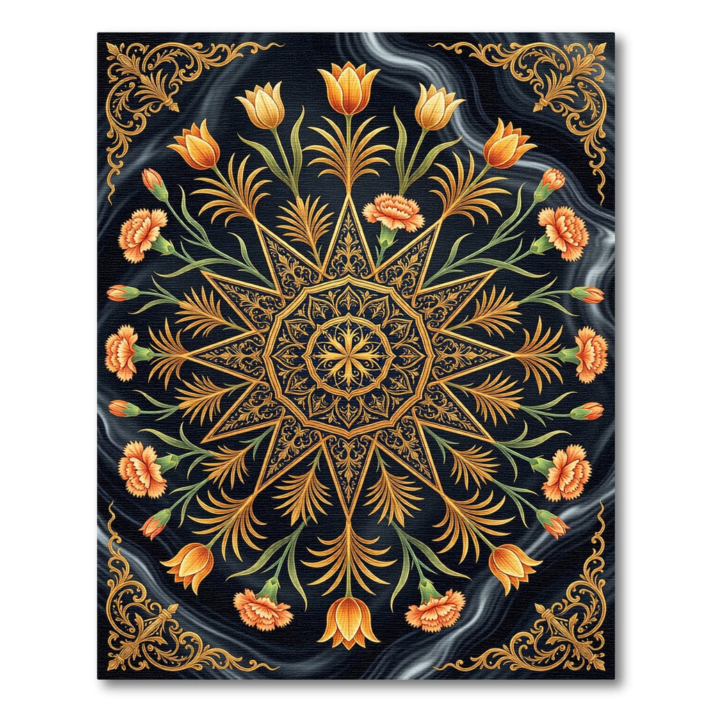 Golden Floral Star Medallion Obsidian Swirl Rug