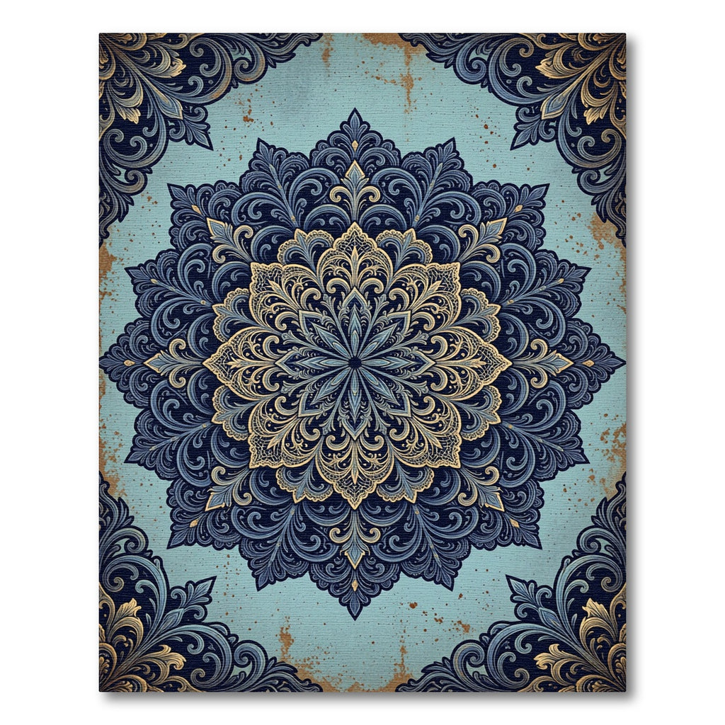 Ornate Navy Golden Floral Damask Art Rug