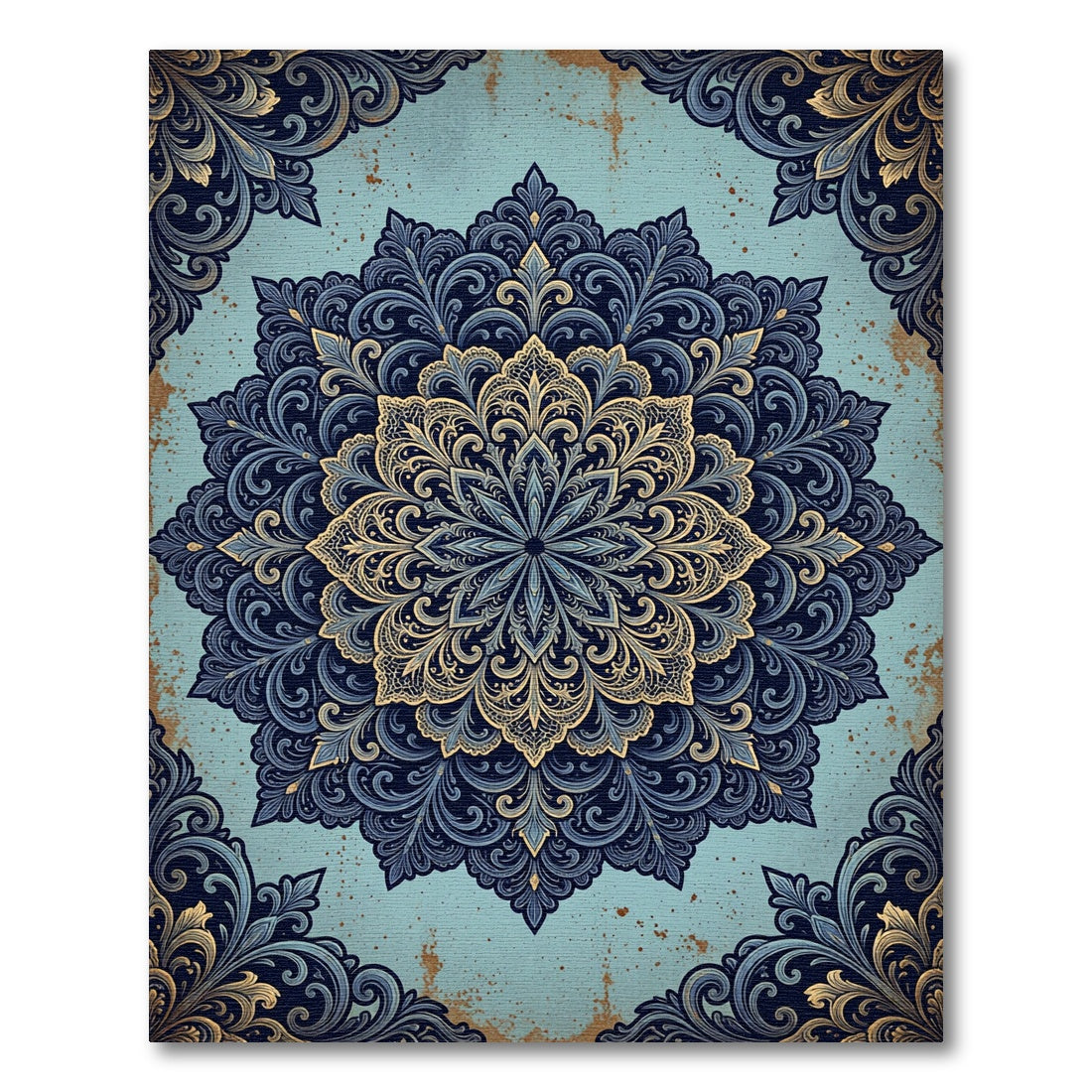 Ornate Navy Golden Floral Damask Art Rug