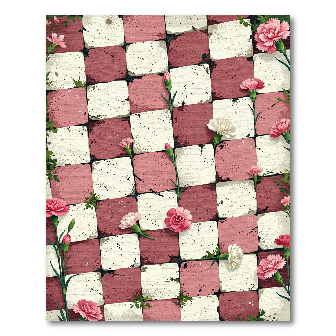 Pink White Checkerboard Floral Rug