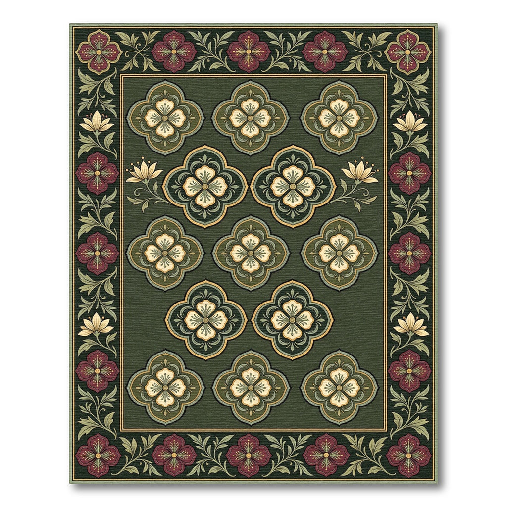 Rich Emerald Quatrefoil Floral Rug