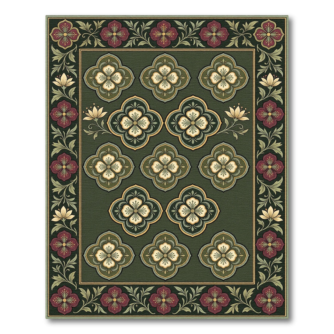 Rich Emerald Quatrefoil Floral Rug