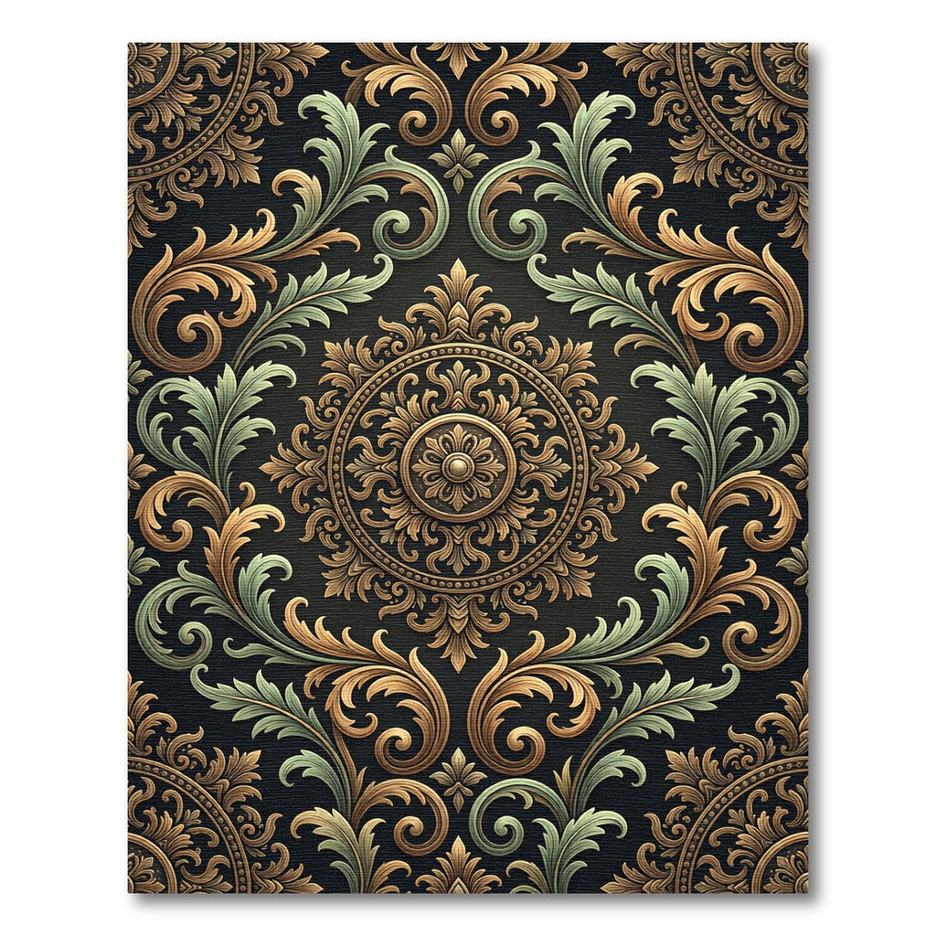 Elegant Gold and Sage Ornate Medallion Rug