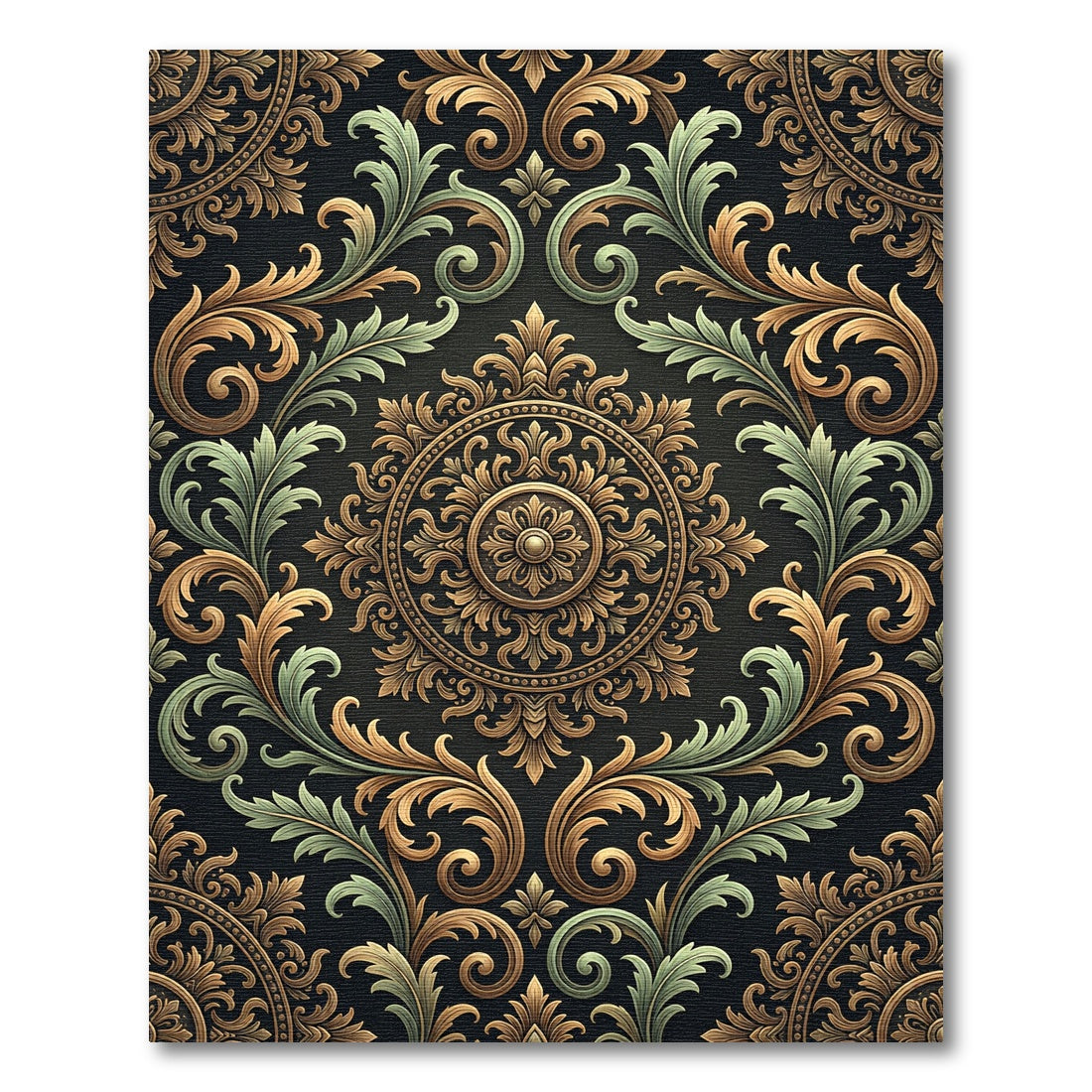 Elegant Gold and Sage Ornate Medallion Rug