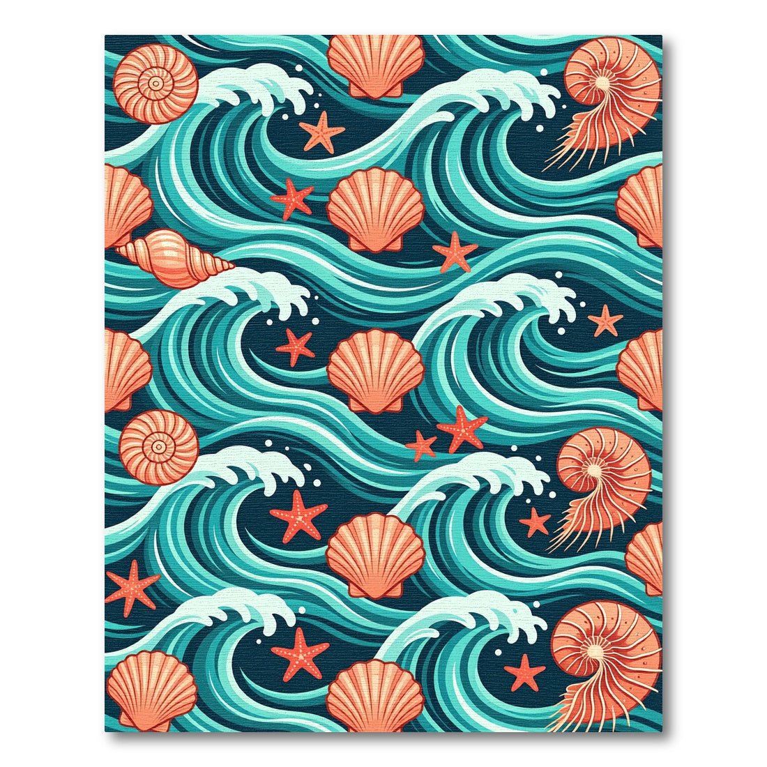 Coastal Seashell and Teal Ocean Wave Rug