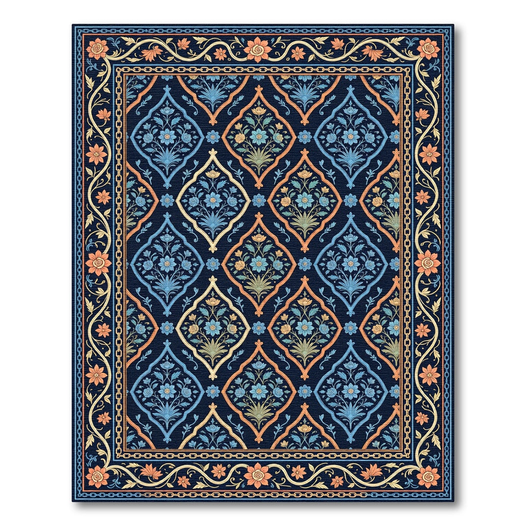 Midnight Navy Floral Damask Medallion Rug