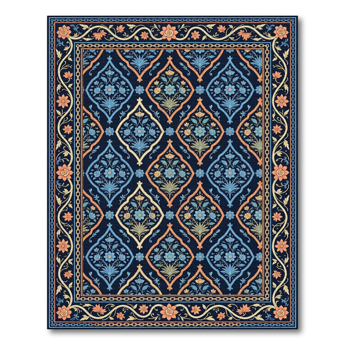 Midnight Navy Floral Damask Medallion Rug