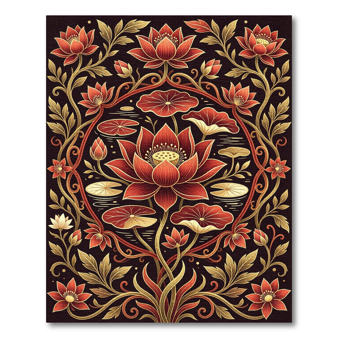 Crimson Lotus Botanical Gold Art Rug