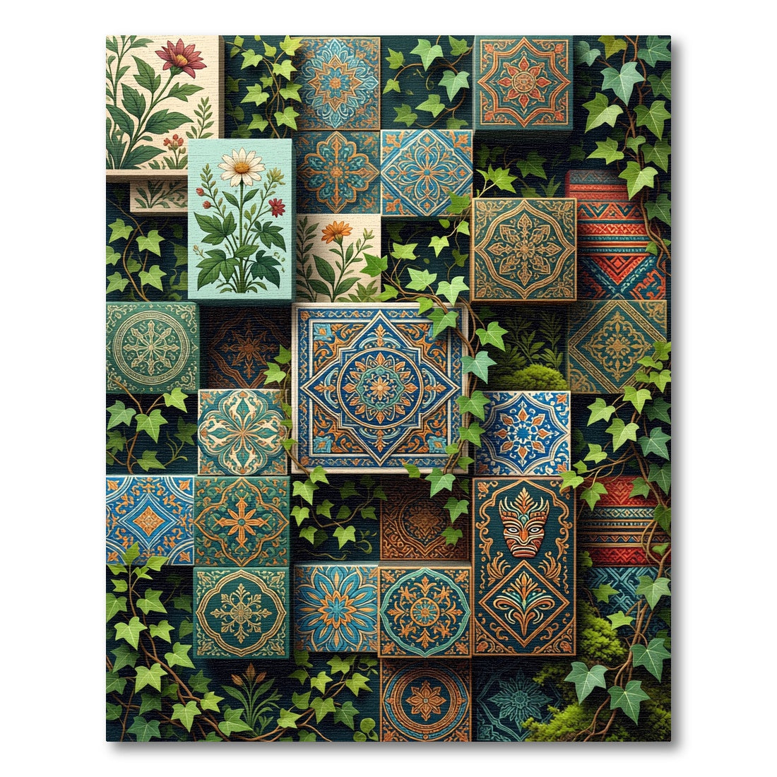 Emerald Teal Floral Medallion Mosaic Rug