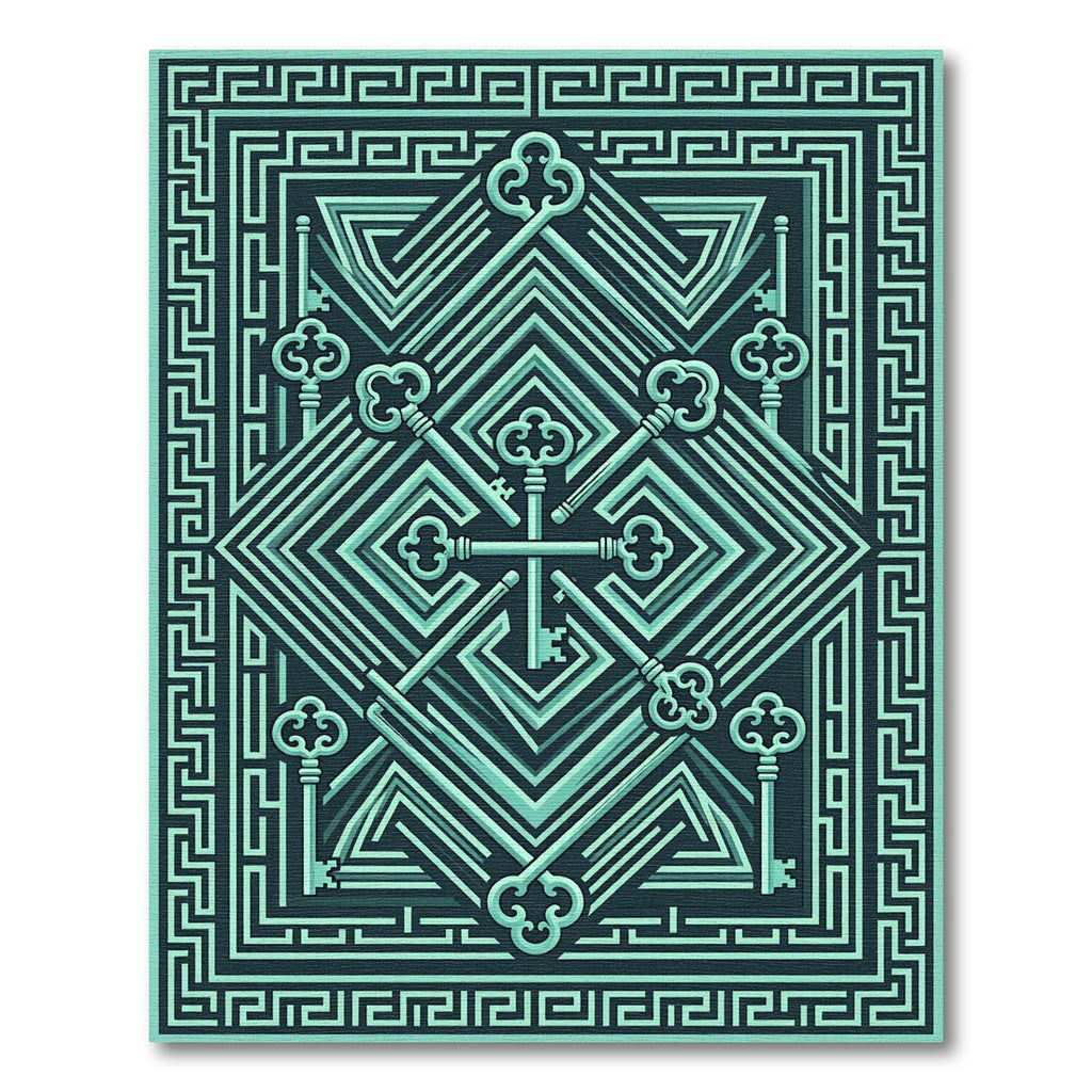 Turquoise Vintage Keys Maze Composition Rug