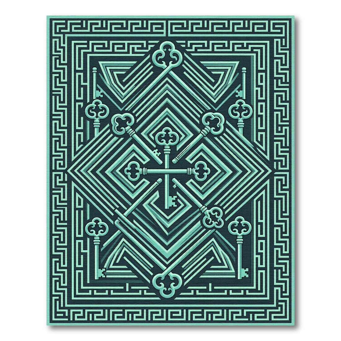 Turquoise Vintage Keys Maze Composition Rug