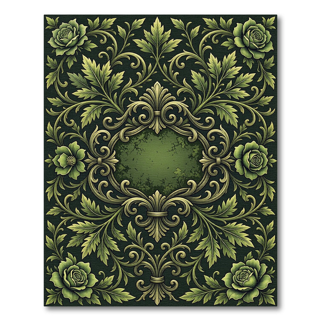 Ornate Sage Green Floral Scrollwork Rug
