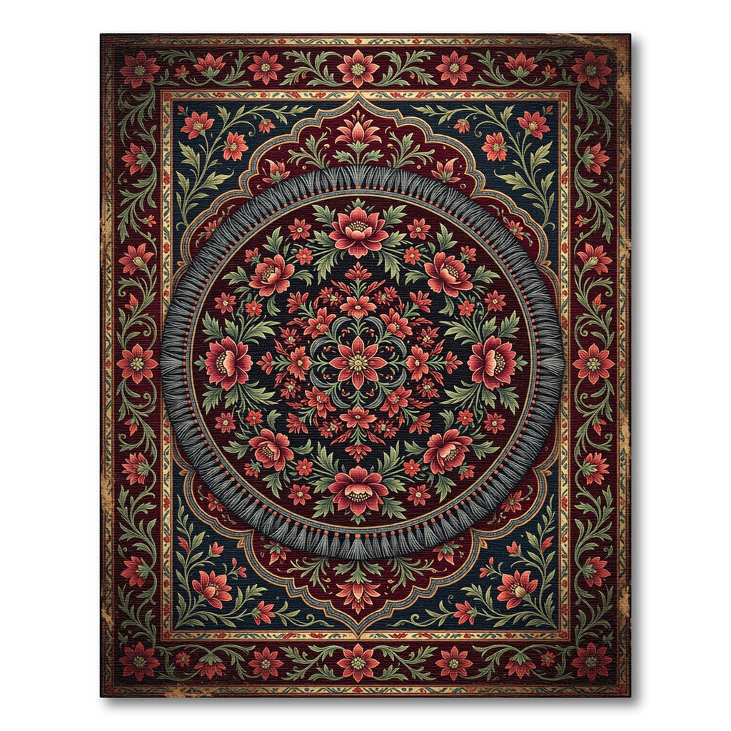 Deep Red Floral Medallion Garden Rug