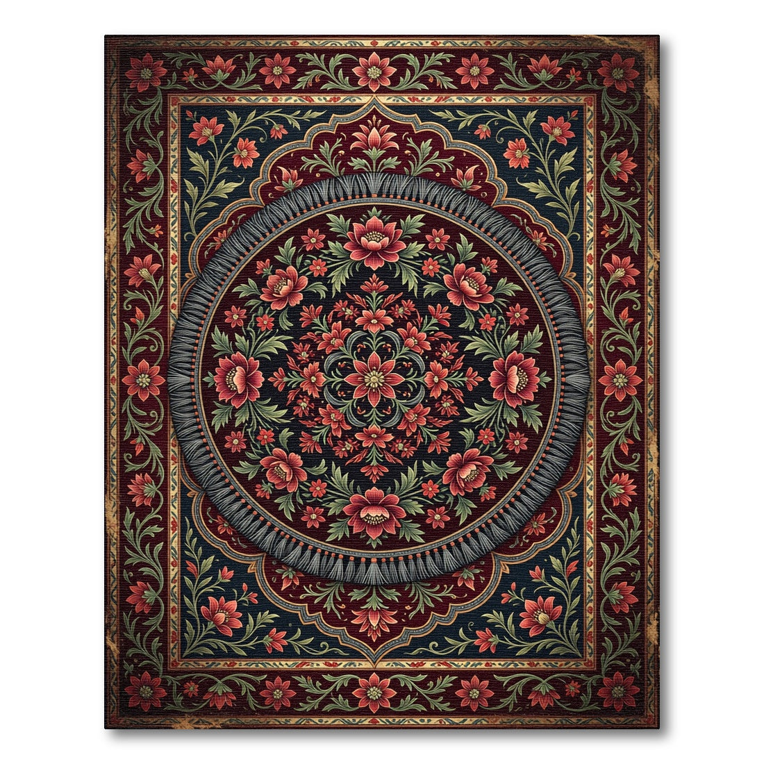 Deep Red Floral Medallion Garden Rug