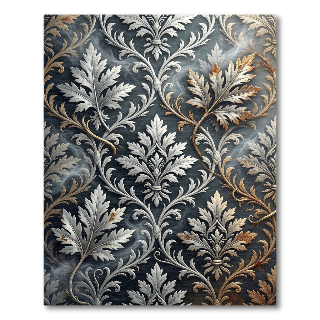 Ornate Silver Gold Leaf Scrollwork Rug