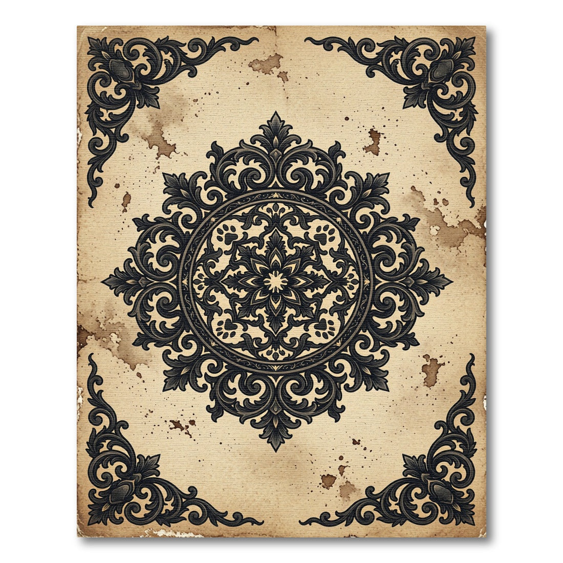 Vintage Charcoal Scrollwork Damask Medallion Rug