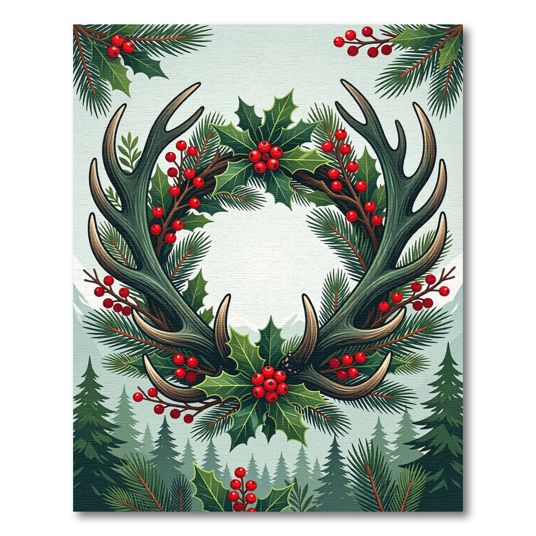 Rustic Antler and Holly Botanical Wreath Rug