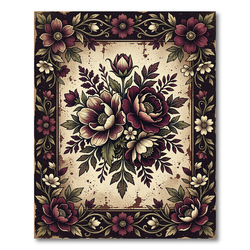 Dark Burgundy Floral Bouquet Border Rug