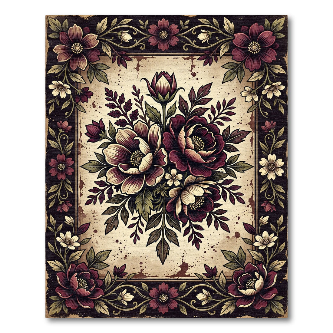 Dark Burgundy Floral Bouquet Border Rug