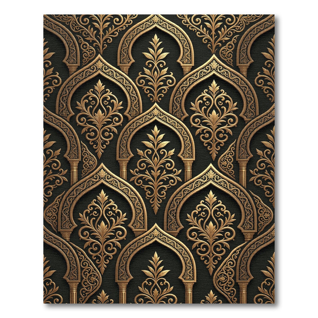 Ornate Gold Arch Damask Black Rug