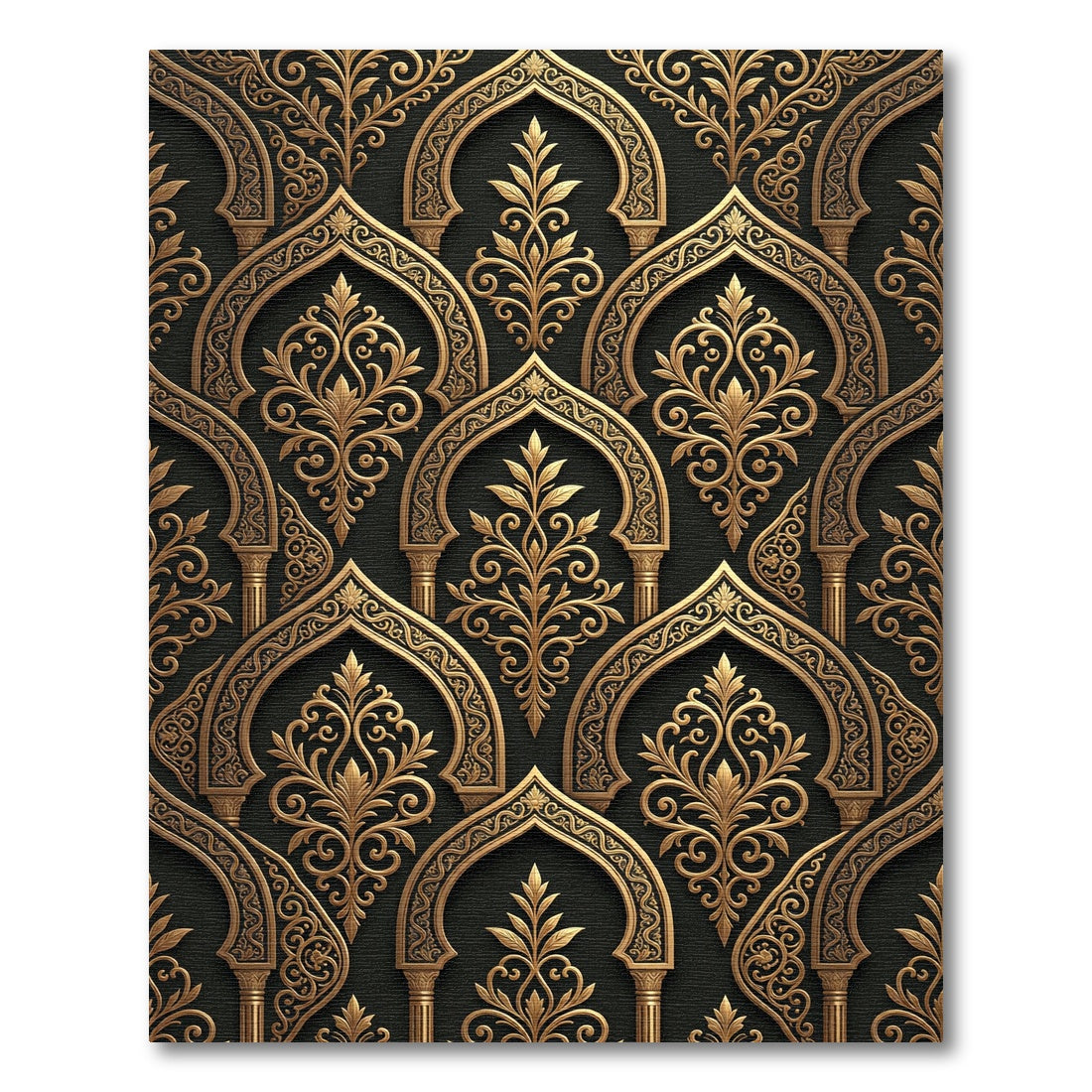 Ornate Gold Arch Damask Black Rug