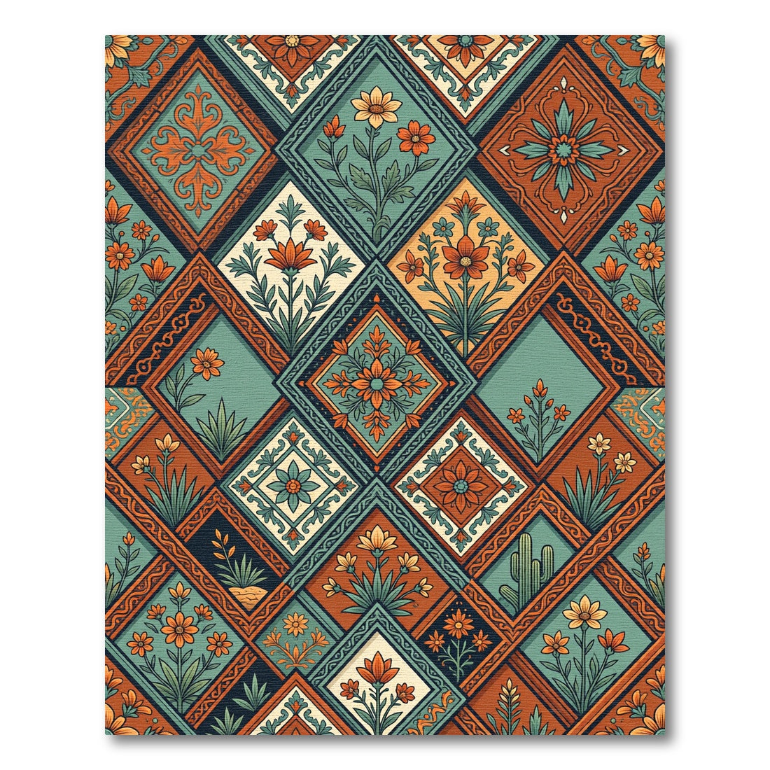 Terracotta Teal Floral Diamond Tile Rug
