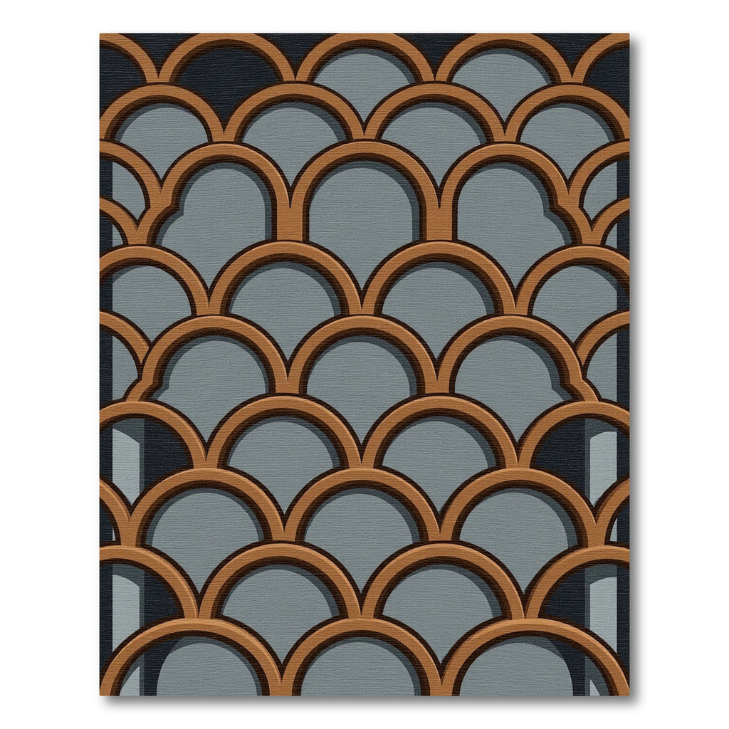 Geometric Copper Arches on Slate Gray Rug