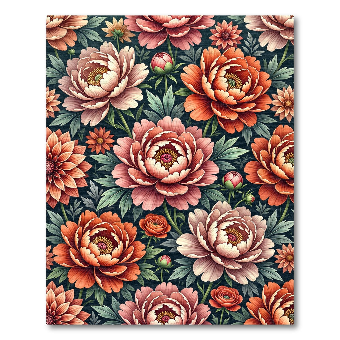 Coral Pink Peony Floral Illustration Rug