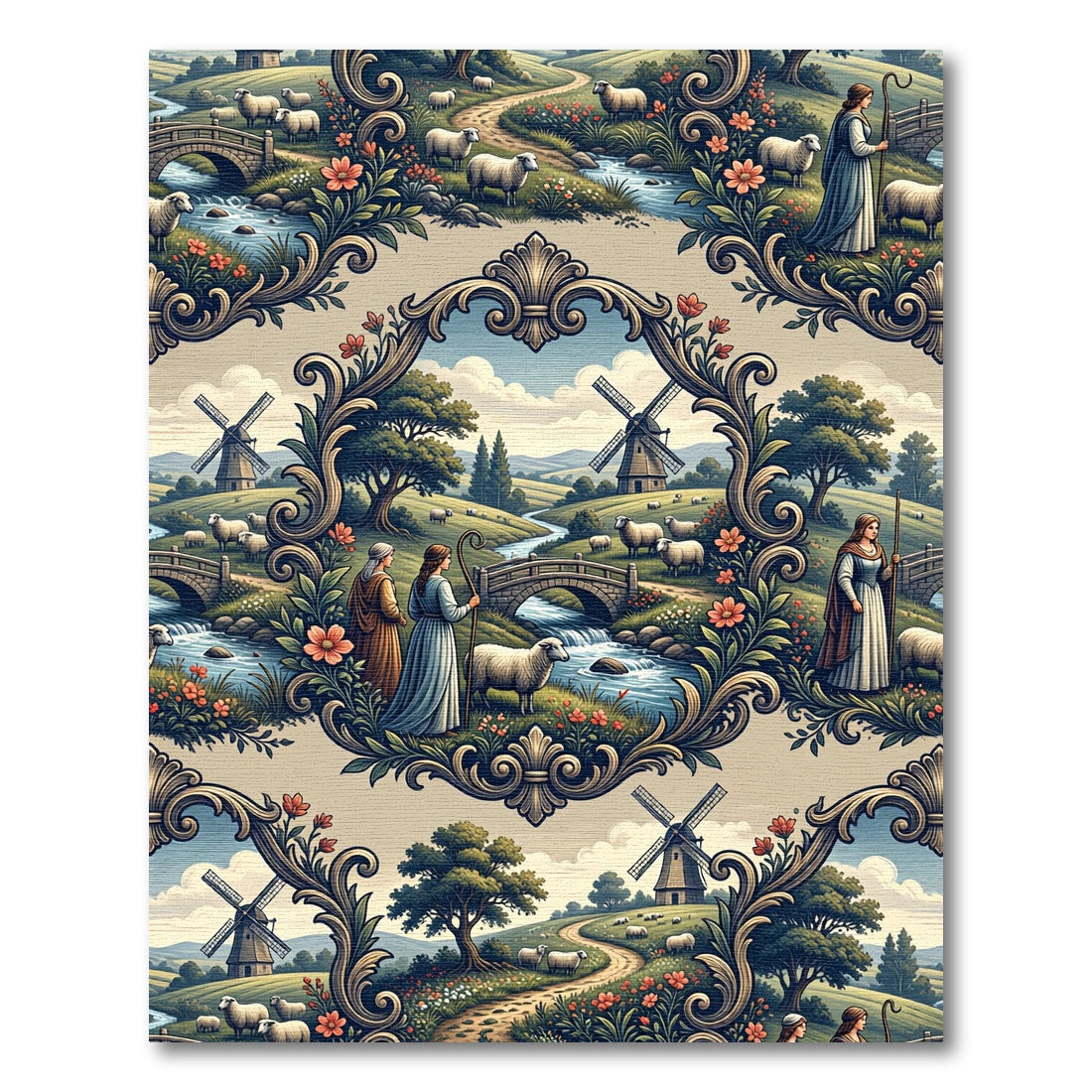Pastoral Shepherdess Toile Floral Scroll Landscape Rug