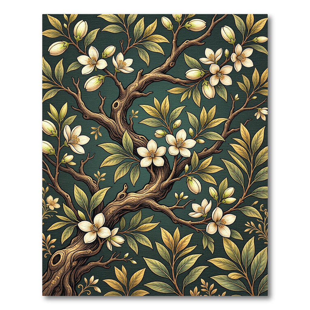 Golden White Blossoms on Forest Green Rug
