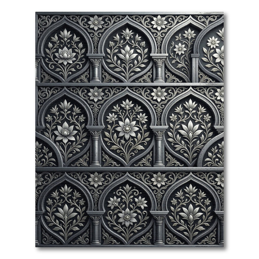 Gray Ornate Floral Arch Relief Rug