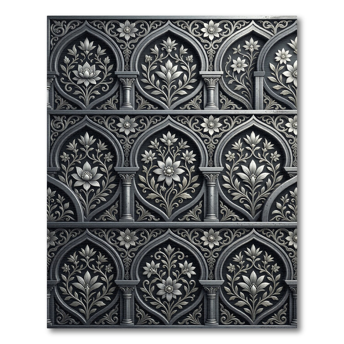 Gray Ornate Floral Arch Relief Rug