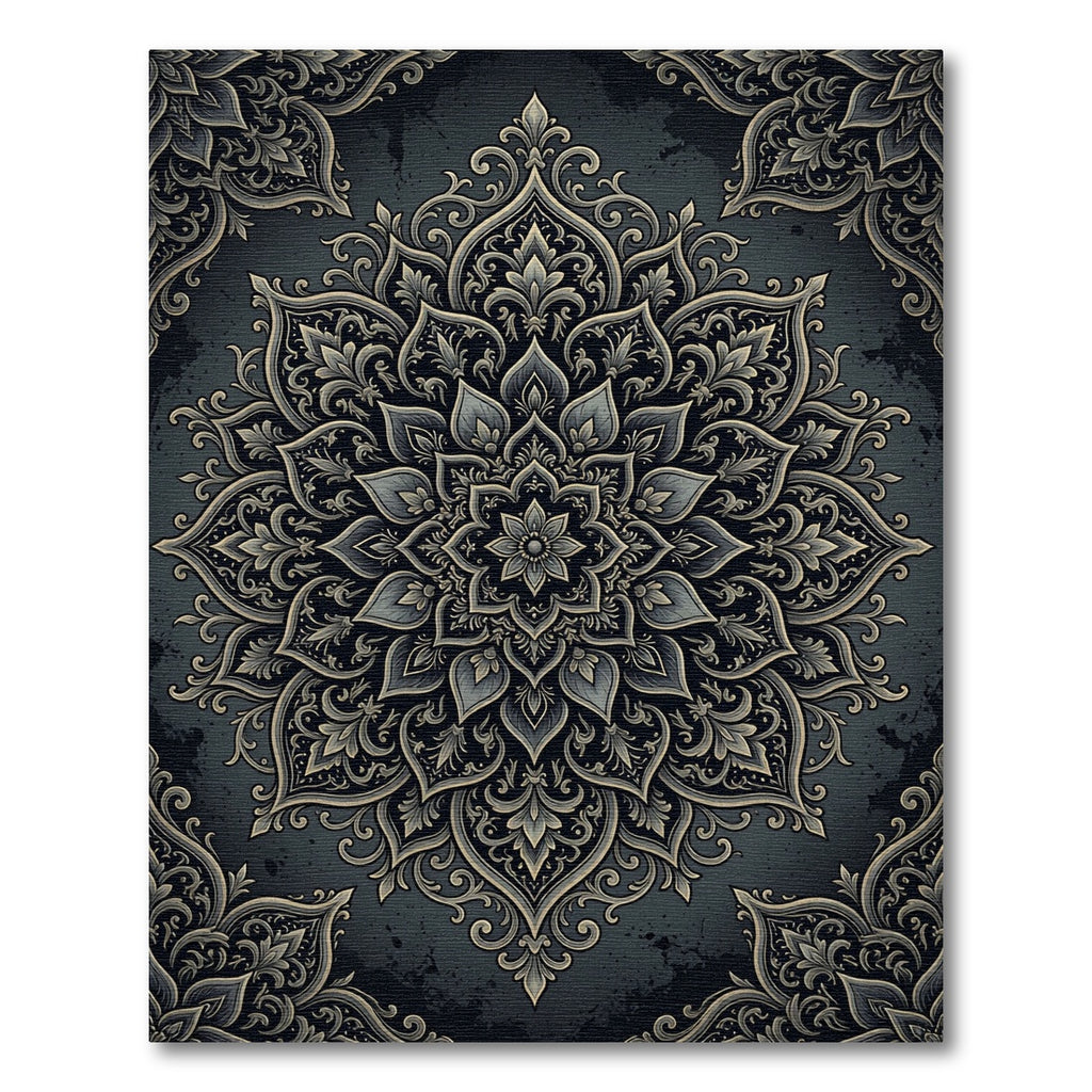 Midnight Charcoal Ornate Floral Medallion Rug